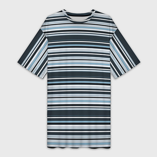 Женская длинная футболка Горизонтальные синие, голубые, белые полосы / 3D-принт – фото 1