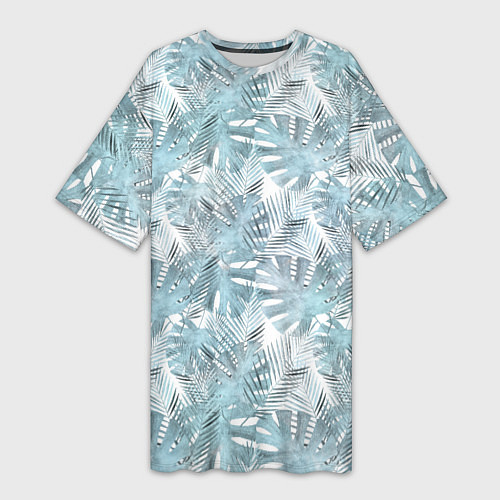 Женская длинная футболка Голубые листья пальмы на белом / 3D-принт – фото 1