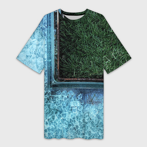 Женская длинная футболка Абстрактные лёд и трава - Синезелёный / 3D-принт – фото 1