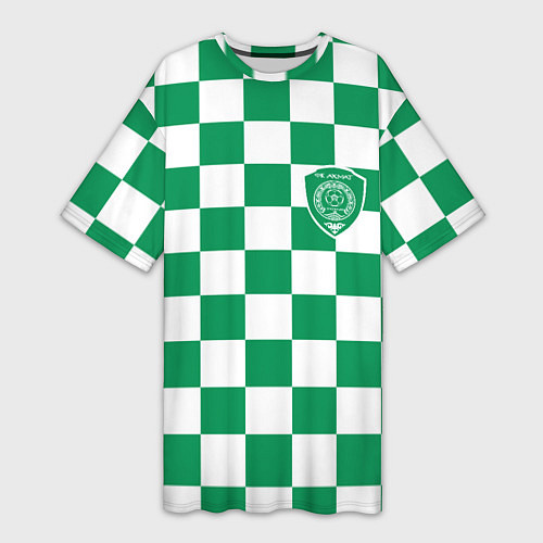 Женская длинная футболка ФК Ахмат на фоне бело зеленой формы в квадрат / 3D-принт – фото 1
