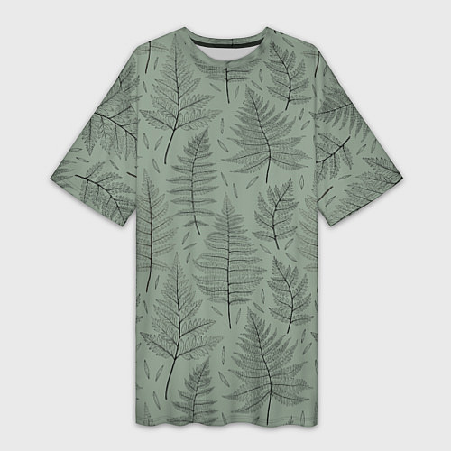 Женская длинная футболка Листья папоротника на зеленом фоне Минимализм / 3D-принт – фото 1