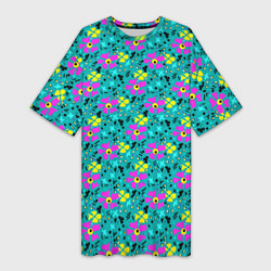 Женская длинная футболка Яркий цветочный узор на бирюзовом фоне