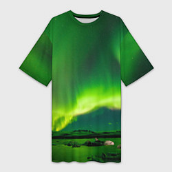 Женская длинная футболка Абстрактное полярное сияние - Зелёный