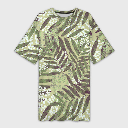 Женская длинная футболка Зелёные и Белые Листья Джунглей / 3D-принт – фото 1