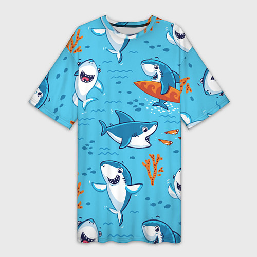 Женская длинная футболка Прикольные акулята - паттерн / 3D-принт – фото 1