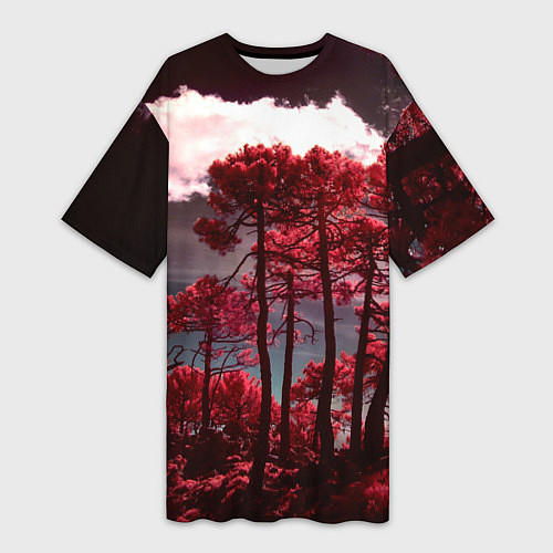 Женская длинная футболка Абстрактные красные деревья и облака / 3D-принт – фото 1