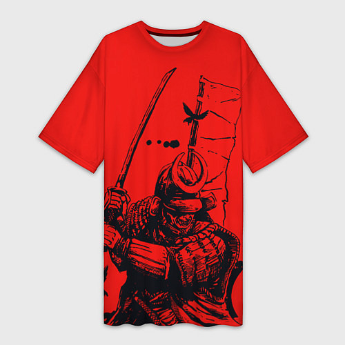 Женская длинная футболка Самурай на красном фоне / 3D-принт – фото 1