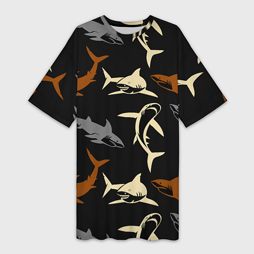 Женская длинная футболка Стая акул - паттерн - ночной океан / 3D-принт – фото 1