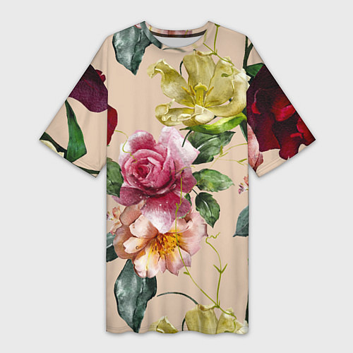 Женская длинная футболка Цветы Нарисованные Красные Розы и Лилии / 3D-принт – фото 1
