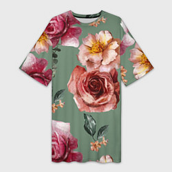 Женская длинная футболка Цветы Нарисованные Розы и Пионы