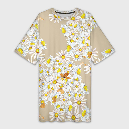 Женская длинная футболка Букет Нарисованных Цветущих Ромашек / 3D-принт – фото 1
