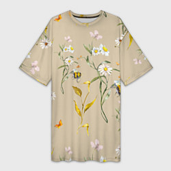 Женская длинная футболка Нарисованные Цветы Ромашки и Пчёлы