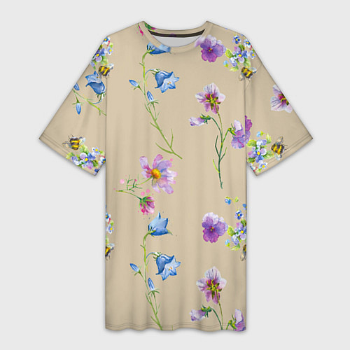 Женская длинная футболка Нарисованные Цветы Колокольчики и Пчёлы / 3D-принт – фото 1