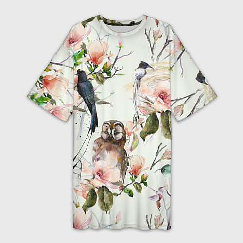 Женская длинная футболка Цветы Нарисованные Магнолии и Птицы / 3D-принт – фото 1