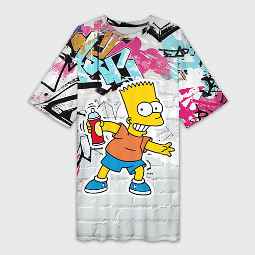 Женская длинная футболка Барт Симпсон на фоне стены с граффити / 3D-принт – фото 1