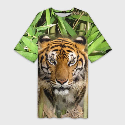 Женская длинная футболка Матёрый тигр в зарослях бамбука / 3D-принт – фото 1