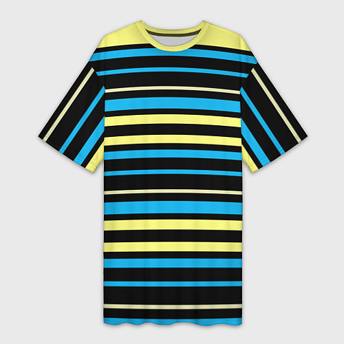 Женская длинная футболка Желто-голубые полосы на черном фоне / 3D-принт – фото 1