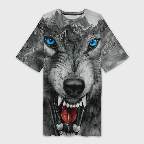 Женская длинная футболка Агрессивный волк с синими глазами / 3D-принт – фото 1