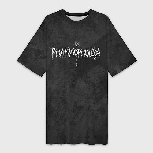 Женская длинная футболка Phasmophobia пентаграмма и крест на сером фоне / 3D-принт – фото 1