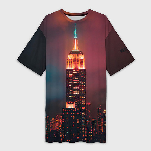 Женская длинная футболка Неоновая ночная башня в городе / 3D-принт – фото 1