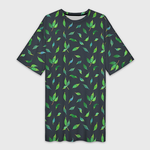 Женская длинная футболка Зеленые листья и веточки на темном фоне / 3D-принт – фото 1