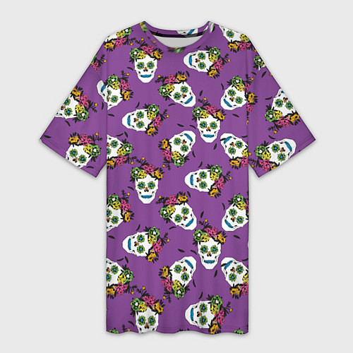 Женская длинная футболка Сахарные черепа на фиолетовом паттерн / 3D-принт – фото 1