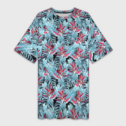 Женская длинная футболка Голубые тропические листья и цветы
