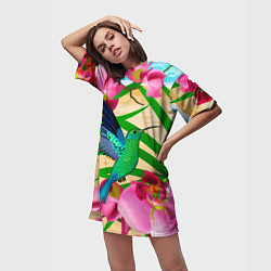 Футболка женская длинная Колибри и орхидеи, цвет: 3D-принт — фото 2