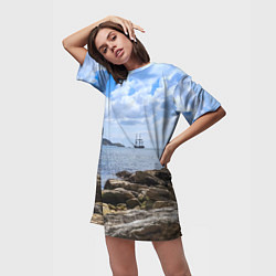 Футболка женская длинная Парусник на горизонте океана, цвет: 3D-принт — фото 2