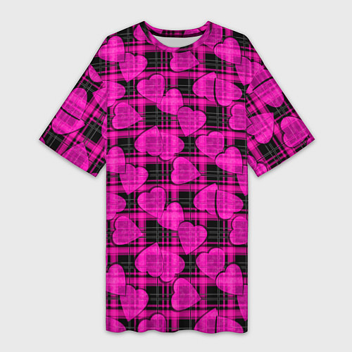 Женская длинная футболка Black and pink hearts pattern on checkered / 3D-принт – фото 1