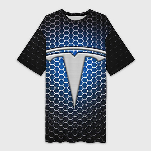 Женская длинная футболка Tesla - металлический логотип на сетке / 3D-принт – фото 1