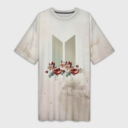 Женская длинная футболка BTS Logo And Flowers / 3D-принт – фото 1
