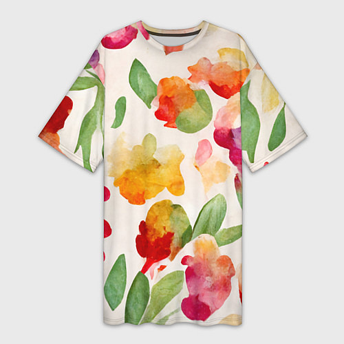 Женская длинная футболка Романтичные акварельные цветы / 3D-принт – фото 1