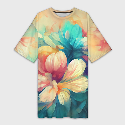 Женская длинная футболка Цветочный букет нарисованный маслом / 3D-принт – фото 1