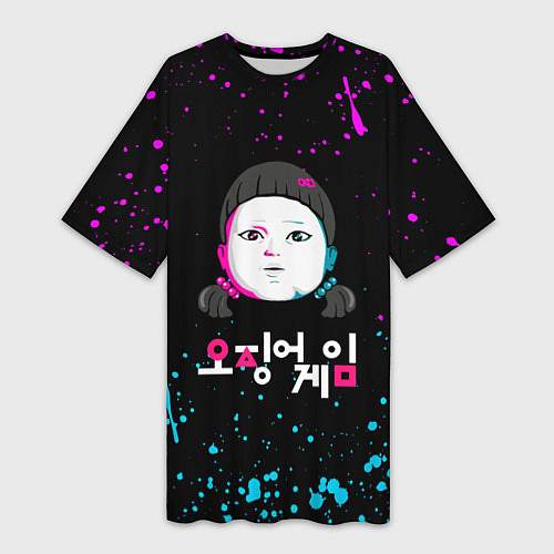 Женская длинная футболка Squid game - кукла neon / 3D-принт – фото 1