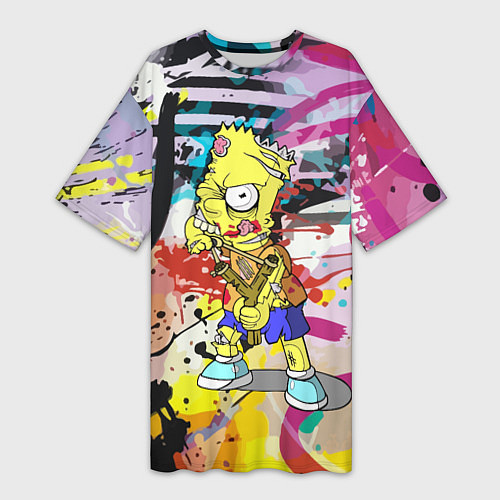 Женская длинная футболка Зомби Барт Симпсон с рогаткой на фоне граффити / 3D-принт – фото 1