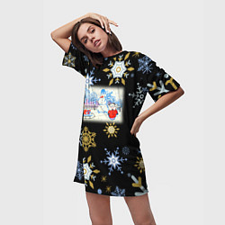 Футболка женская длинная Новый год мальчик с санками, цвет: 3D-принт — фото 2