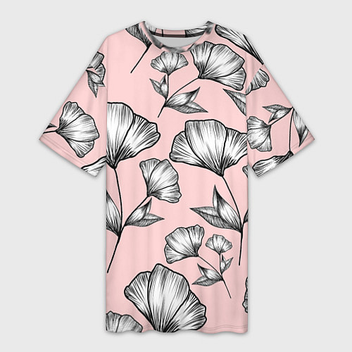 Женская длинная футболка Графичные цветы на пудровом фоне / 3D-принт – фото 1