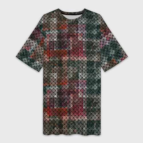 Женская длинная футболка Черный сетчатый узор на гранжевом фоне / 3D-принт – фото 1