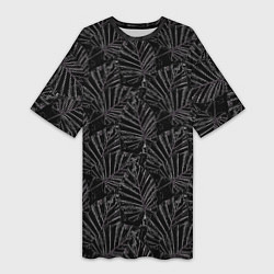 Женская длинная футболка Белые контуры тропических листьев на черном