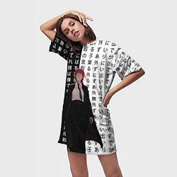 Футболка женская длинная Макима - Иероглифы - Человек-бензопила, цвет: 3D-принт — фото 2