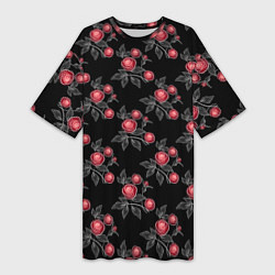 Женская длинная футболка Акварельные розы на черном