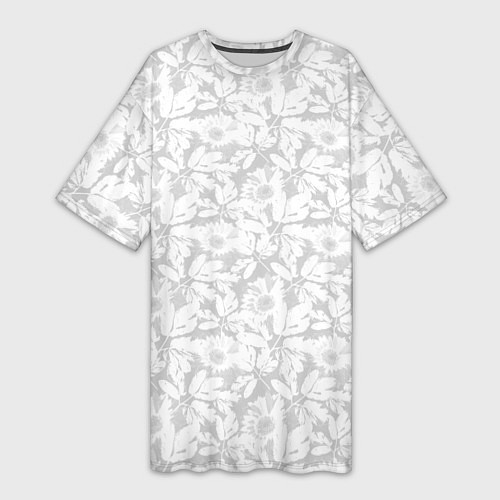 Женская длинная футболка Белые цветы на светло сером / 3D-принт – фото 1
