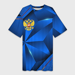 Футболка женская длинная Герб РФ на синем объемном фоне, цвет: 3D-принт