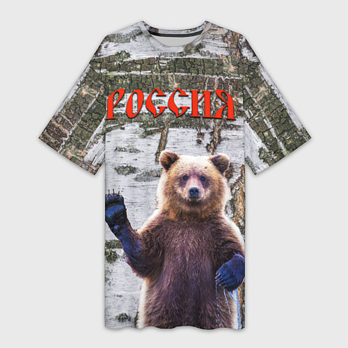 Женская длинная футболка Российский медведь на фоне берёзы / 3D-принт – фото 1