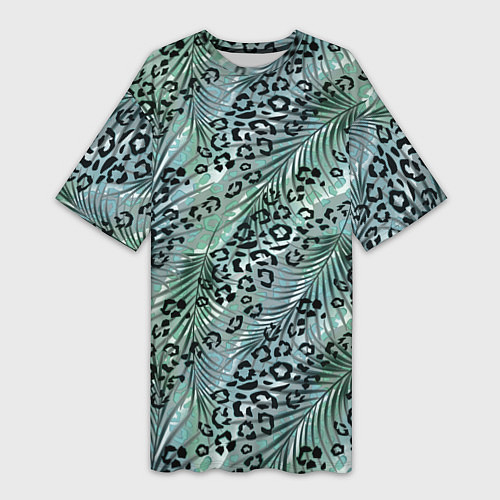 Женская длинная футболка Листья пальмы на леопардовом серо - зеленом фоне / 3D-принт – фото 1