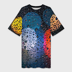 Женская длинная футболка Разноцветные огни сквозь дождевое стекло