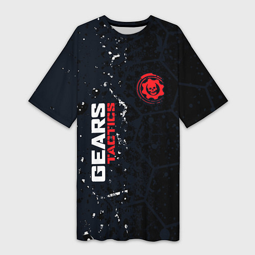 Женская длинная футболка Gears of War красно-белой лого на темном фоне / 3D-принт – фото 1