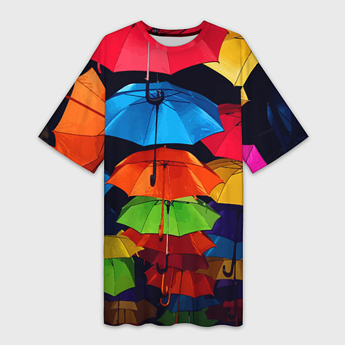 Женская длинная футболка Разноцветные зонтики - композиция / 3D-принт – фото 1