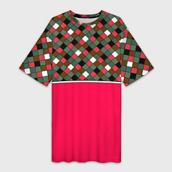 Футболка женская длинная Красно-серый клетчатый узор, цвет: 3D-принт